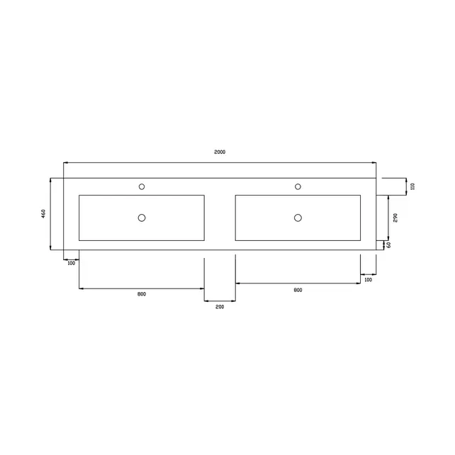 Wastafel Atlanta Dubbele wasbak 200x46x5cm Glans Wit - Kraangat 0 - 2 - Kunstmarmer