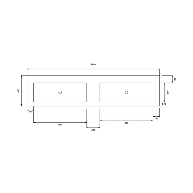 Wastafel Atlanta Dubbele wasbak 200x46x5cm Glans Wit - Kraangat 0 - 2 - Kunstmarmer
