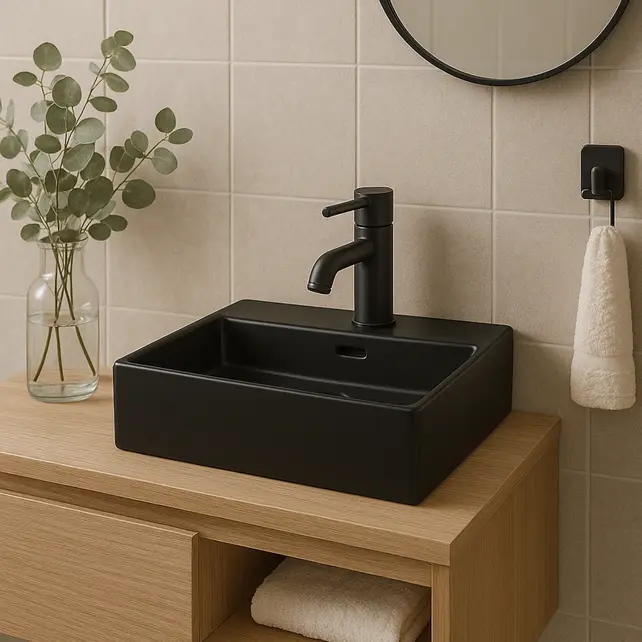 Wastafel Tight 60x47x15cm Mat Zwart Met kraangat – Keramisch