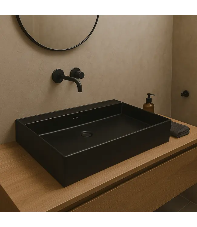 Wastafel Tight 80x47x15cm Mat Zwart Met kraangat – Keramisch