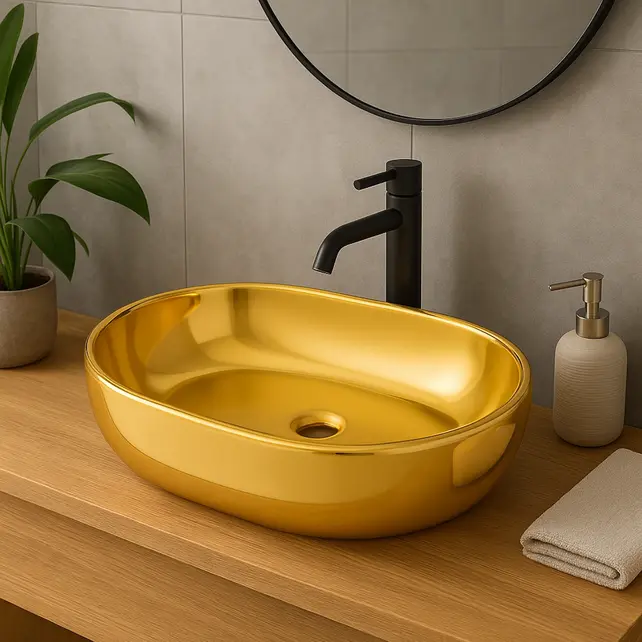 Waskom Ovaal Agena Glans Goud 60x40x13cm Keramiek