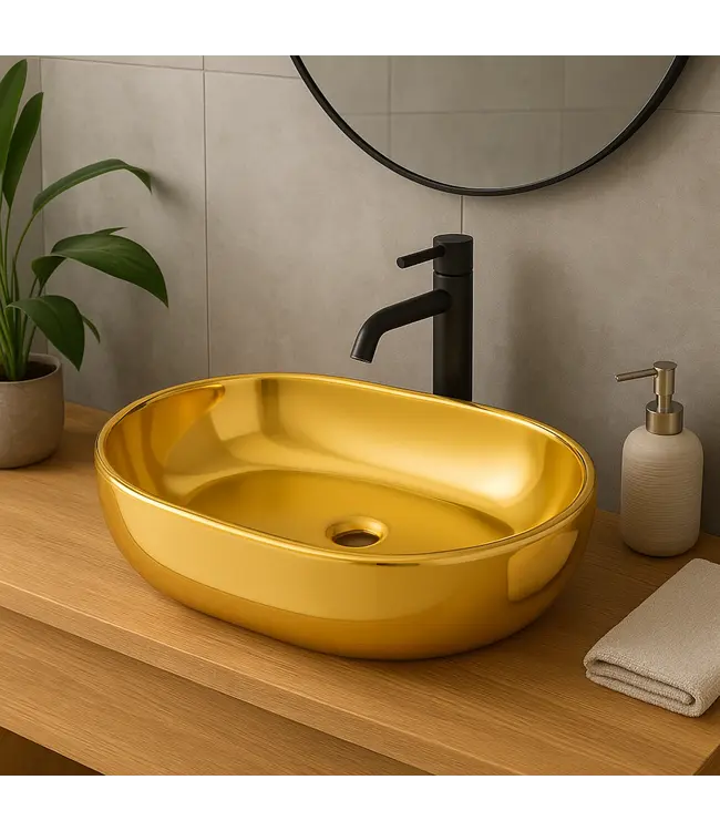 Waskom Ovaal Agena Glans Goud 60x40x13cm Keramiek