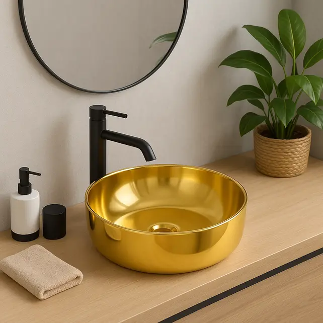 Waskom Rond Acamar Glans Goud 41x41x13cm Keramiek