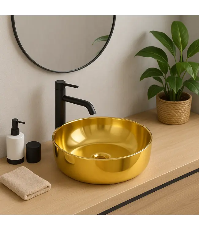 Waskom Rond Acamar Glans Goud 41x41x13cm Keramiek