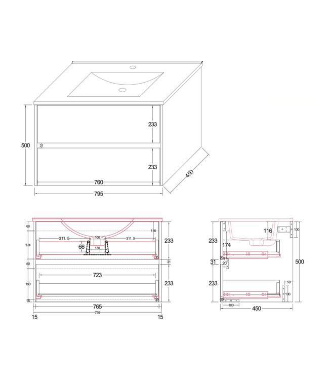 ALONI Wastafelonderkast Hayat 80cm Glans Wit