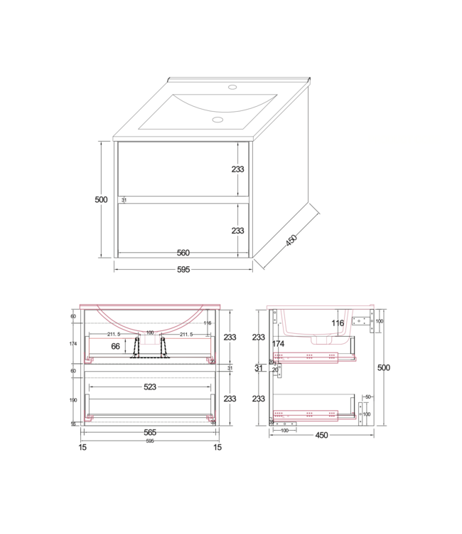 Wastafelonderkast Hayat 60cm Licht Eiken