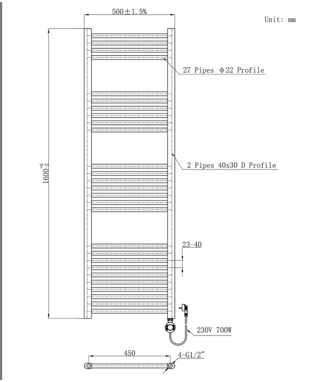 Elektrische Handdoekradiator Gunmetal 160x50cm 900Watt met Smart Wifi - programeerbaar