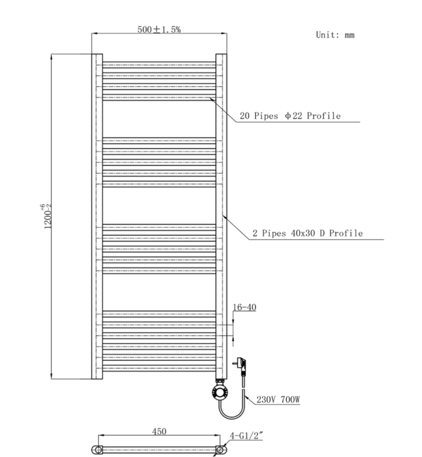 Elektrische Handdoekradiator Geborsteld Goud 120x50cm 700Watt met Smart Wifi - programeerbaar