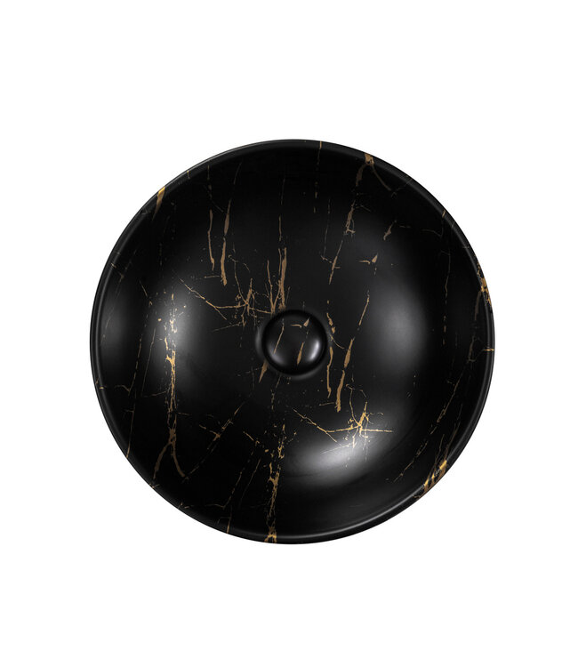 Waskom Marmerlook Aloni Tivra Rond Zwart / Goud marmer 38x13 cm incl. afvoerplug