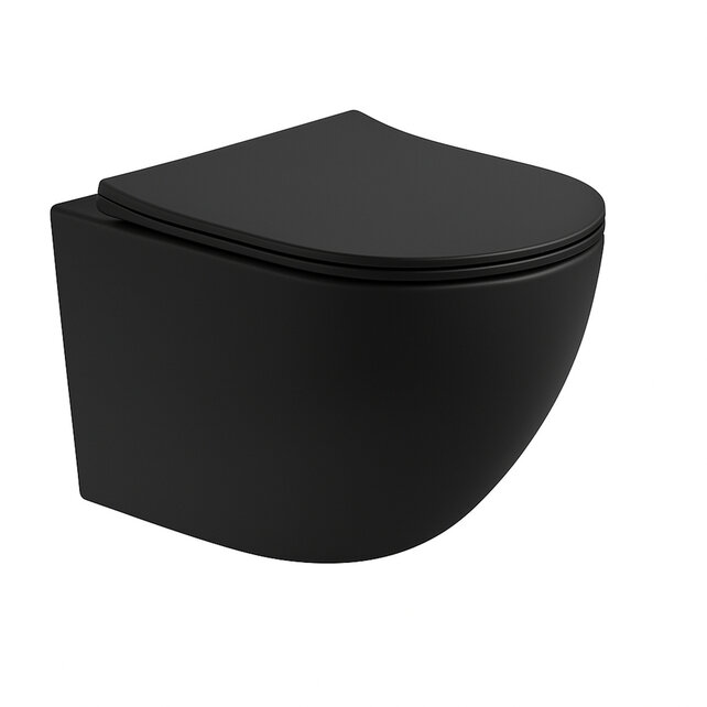 Randloos Hangtoilet Pro-Pack Turbo-Flush Mat Zwart 49cm incl. Toiletbril