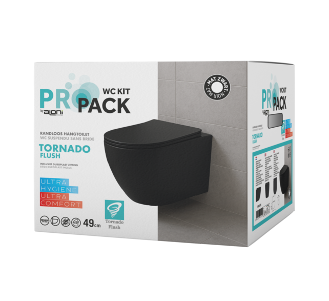 Randloos Hangtoilet Pro-Pack Turbo-Flush Mat Zwart 49cm incl. Toiletbril