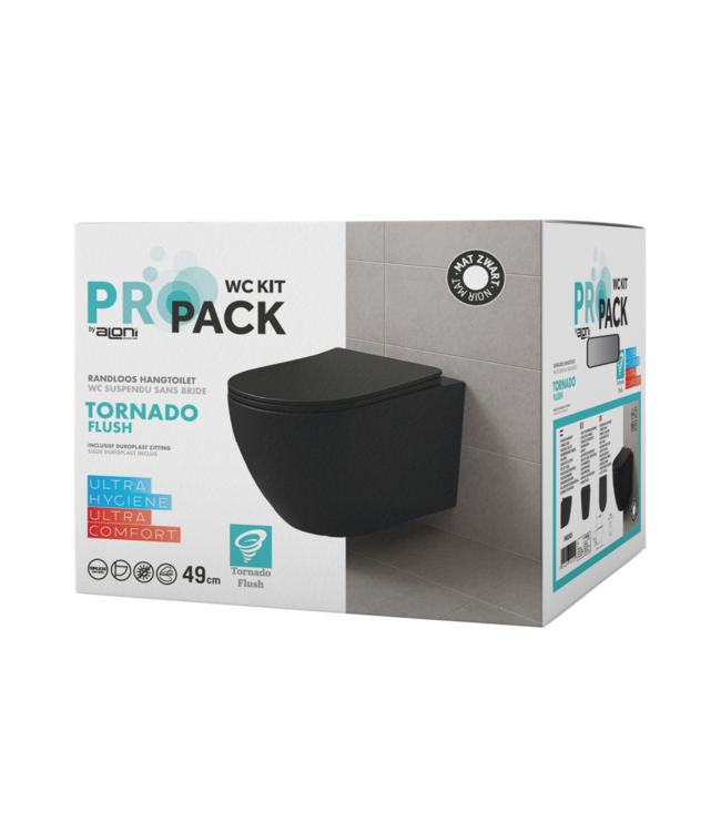 Randloos Hangtoilet Pro-Pack Turbo-Flush Mat Zwart 49cm incl. Toiletbril