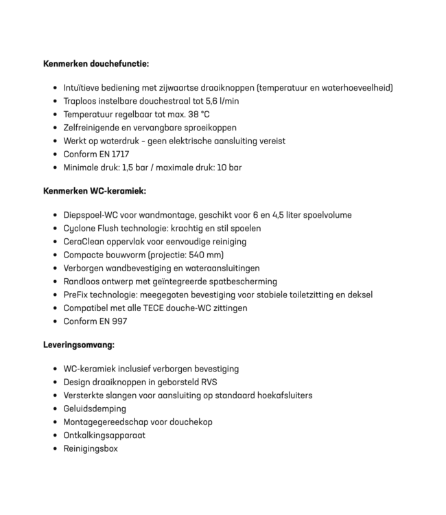 Hangtoilet TECENEO met bidet Warm/Koud Geïntegreerde bidetkraan Randloos Wit 54cm excl. Wc-bril