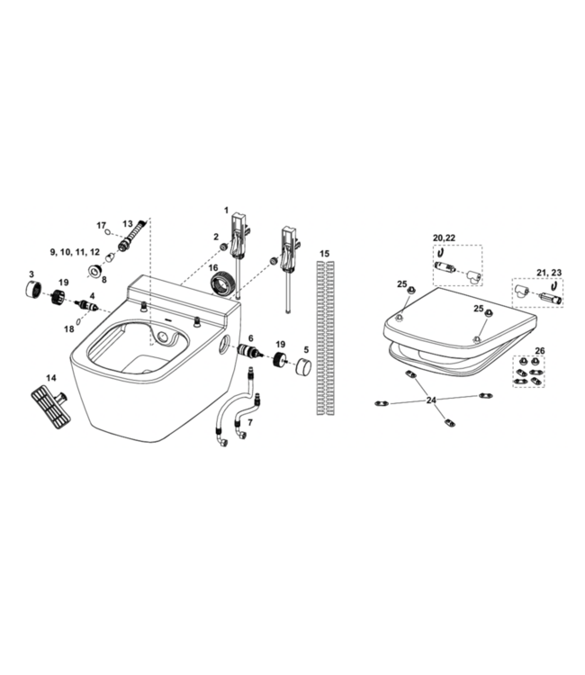Hangtoilet TECENEO met bidet Warm/Koud Geïntegreerde bidetkraan Randloos Wit 54cm incl. Wc-bril