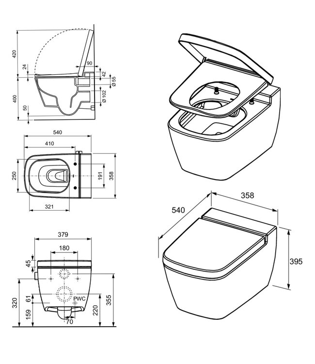 Hangtoilet TECENEO met bidet Koud Geïntegreerde bidetkraan Randloos Wit 54cm incl. Wc-bril Slim