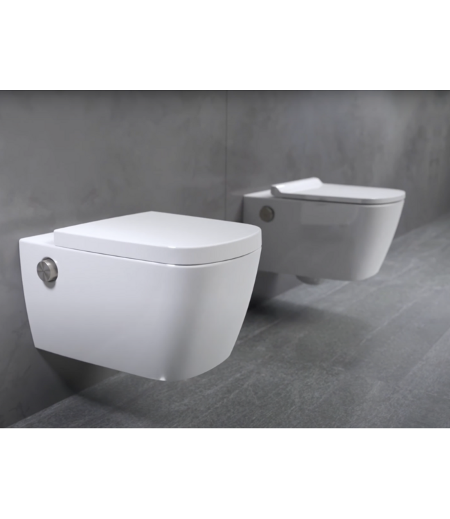 Hangtoilet TECENEO met bidet Koud Geïntegreerde bidetkraan Randloos Wit 54cm incl. Wc-bril Wrap-up