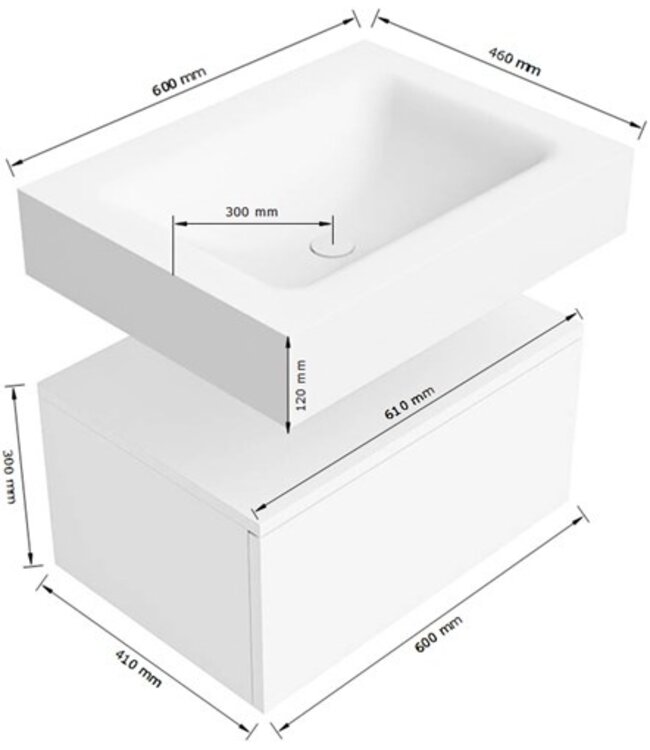 Badkamermeubel Alan Talc 60cm Onderkast met wastafel Vrijhangend