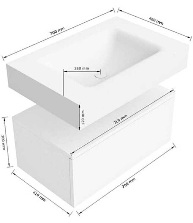 MONDIAZ Badkamermeubel Alan Talc 70cm Onderkast met wastafel Vrijhangend