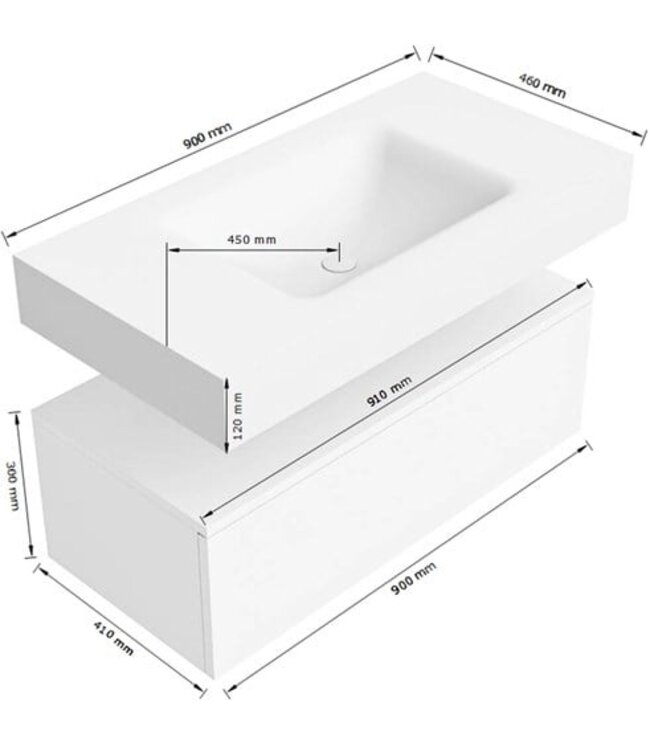 Badkamermeubel Alan Talc 90cm Onderkast met wastafel Vrijhangend