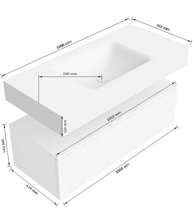 Badkamermeubel Alan Talc 100cm Onderkast met wastafel Talc Vrijhangend