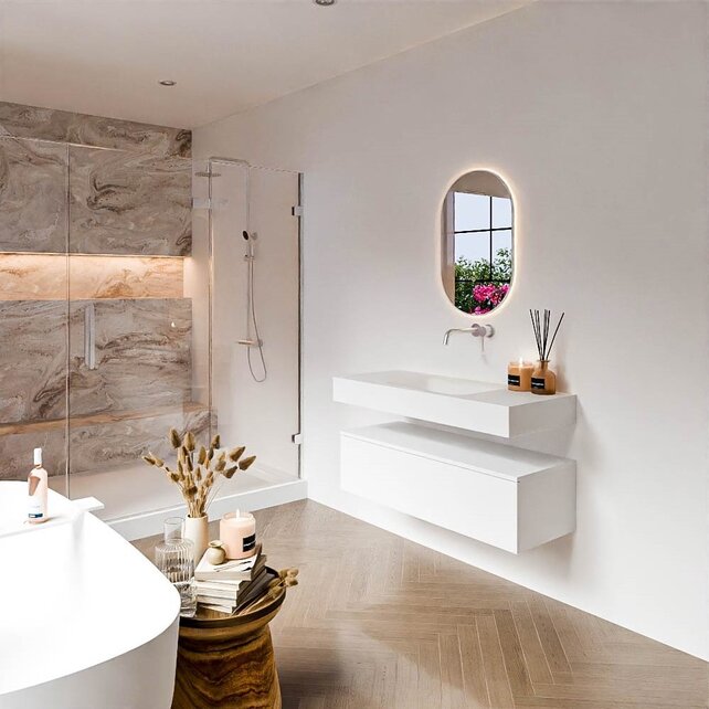 Badkamermeubel Alan Talc 110cm Onderkast met wastafel Talc Vrijhangend Badkamermeubel Alan Talc 110cm Onderkast met wastafel Talc Vrijhangend