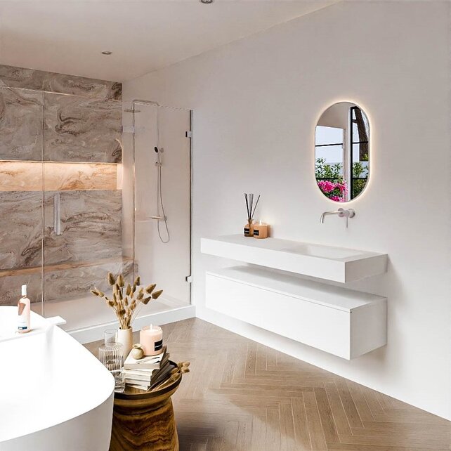 Badkamermeubel Alan Talc / Talc 140cm Onderkast met 1 lade - Vrijhangend wastafel