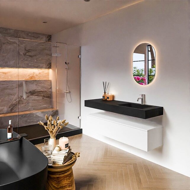 Badkamermeubel Alan Talc / Urban 140cm Onderkast met 1 lade - Vrijhangend wastafel Urban Zwart