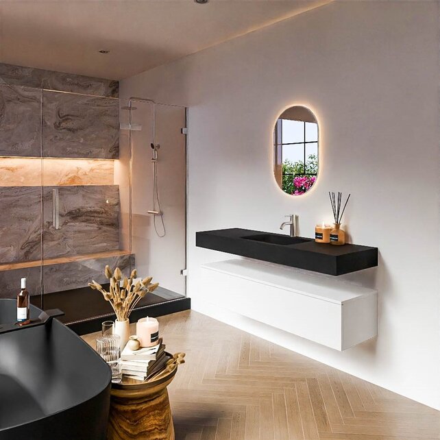 Badkamermeubel Alan Talc / Urban 140cm Onderkast met 1 lade - Vrijhangend wastafel Urban Zwart