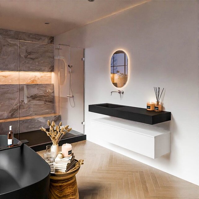 Badkamermeubel Alan Talc / Urban 140cm Onderkast met 1 lade - Vrijhangend wastafel Urban Zwart