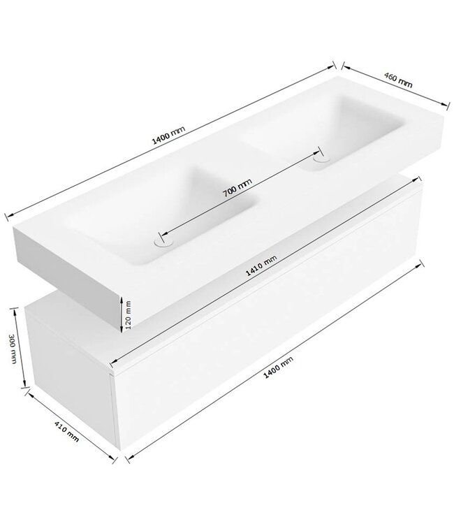 Badkamermeubel Alan Talc / Urban 140cm Onderkast met 1 lade - Vrijhangend wastafel Urban Zwart