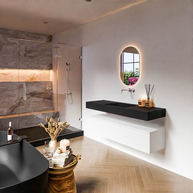 Badkamermeubel Alan Talc / Urban 140cm Onderkast met 1 lade - Vrijhangend wastafel Urban Zwart