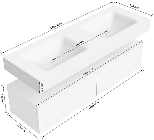 Badkamermeubel Alan Talc / Urban 140cm Onderkast met 2 lades - Vrijhangend wastafel Urban Zwart