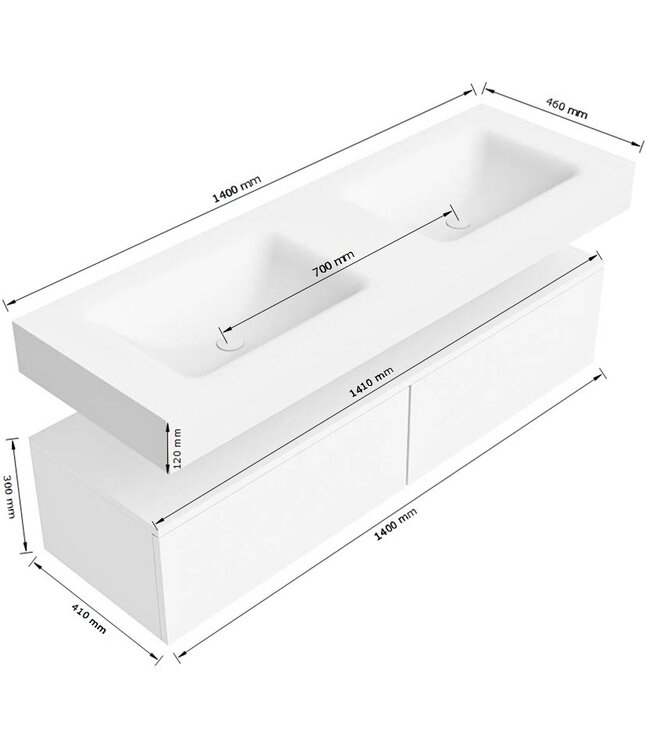 MONDIAZ Badkamermeubel Alan Talc / Urban 140cm Onderkast met 2 lades - Vrijhangend wastafel Urban Zwart