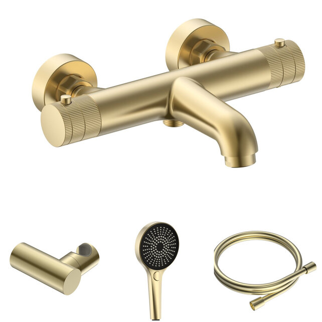 Badkraan Set Stria Geborsteld Goud ( PVD ) met thermostaat