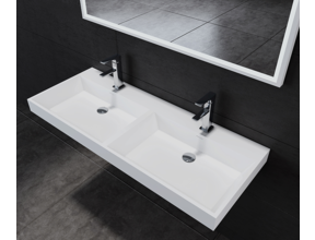 Wastafel Pearl 140x47x8 cm Solid Surface met dubbele wasbak met twee kraangaten overloop