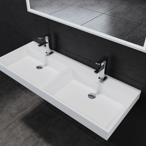 Wastafel Pearl 140x47x8 cm Solid Surface met dubbele wasbak met twee kraangaten overloop