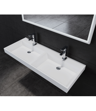 SANI-SUPPLY Wastafel Pearl 140x47x8 cm Solid Surface met dubbele wasbak met twee kraangaten overloop