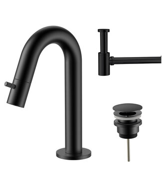 ALONI Fonteinkraan set Stria Lux Mat Zwart (PVD) Toiletkraan + Sifon + Clickwaste