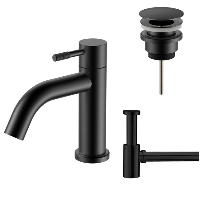 Fonteinkraan set Stria Mat Zwart (PVD) Toiletkraan + Sifon + Clickwaste