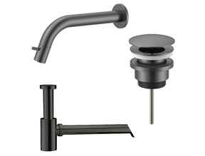 Fonteinkraan set Inbouw Stria Gunmetal inkortbaar Toiletkraan + Sifon + Clickwaste