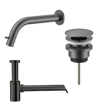 ALONI Fonteinkraan set Inbouw Stria Gunmetal inkortbaar Toiletkraan + Sifon + Clickwaste