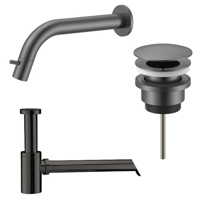 Fonteinkraan set Inbouw Stria Gunmetal inkortbaar Toiletkraan + Sifon + Clickwaste