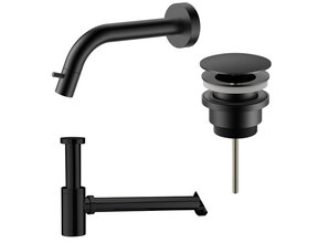 Fonteinkraan set Inbouw Stria Mat Zwart inkortbaar Toiletkraan + Sifon + Clickwaste