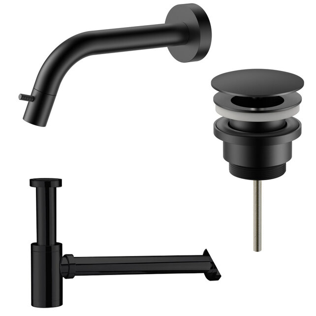 Fonteinkraan set Inbouw Stria Mat Zwart inkortbaar Toiletkraan + Sifon + Clickwaste