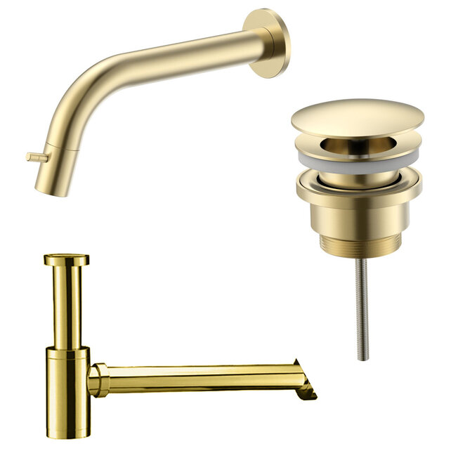 Fonteinkraan set Inbouw Stria Geborsteld Goud inkortbaar Toiletkraan + Sifon + Clickwaste