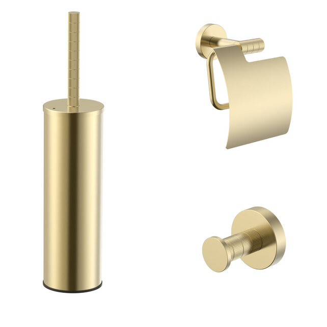 Toilet Accessoires Set Stria Geborsteld Goud PVD-Gecoat  - Toiletborstelhouder + Toiletrolhouder + Handdoekhaak