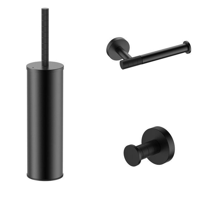 Toilet Accessoires Set-2 Stria Mat Zwart PVD - Toiletborstelhouder + Toiletrolhouder + Handdoekhaak