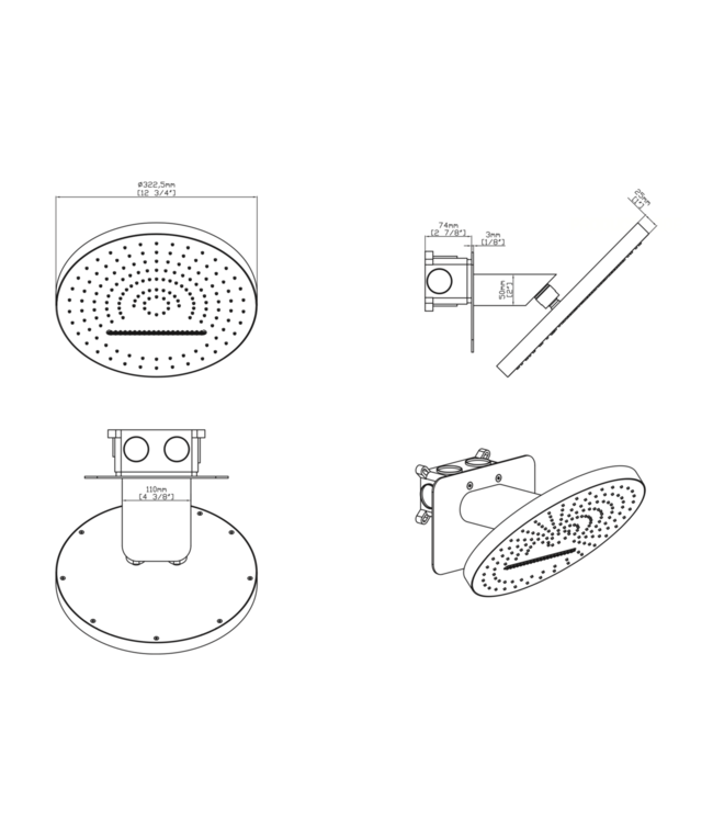 Hoofddouche Tropical Rain Mat Zwart PVD 32cm 2 functies - Inbouw wandmontage