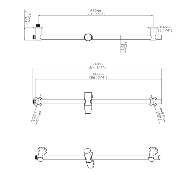 Douchestang Uniforma met wateraansluting Gunmetal (PVD-gecoat) 69cm