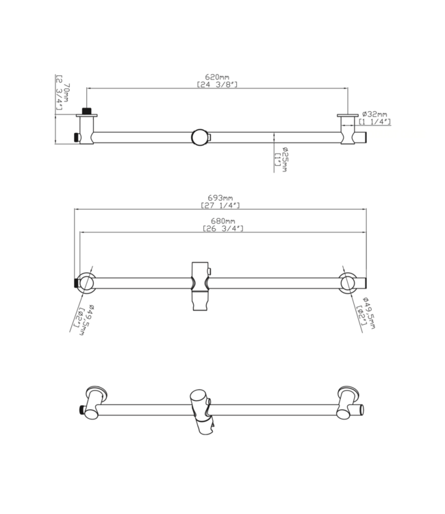 Douchestang Uniforma met wateraansluting Mat Zwart (PVD-gecoat) 69cm